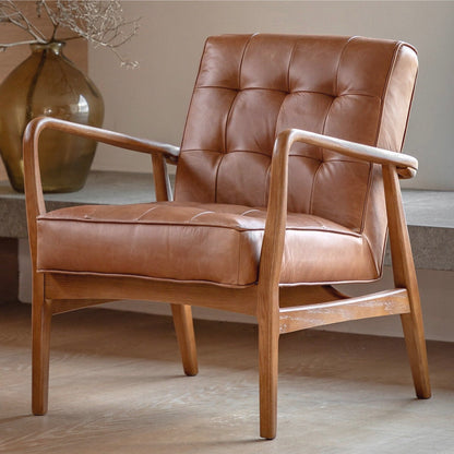 Gallery Humber Vintage Brown Leather Armchair with wooden frame