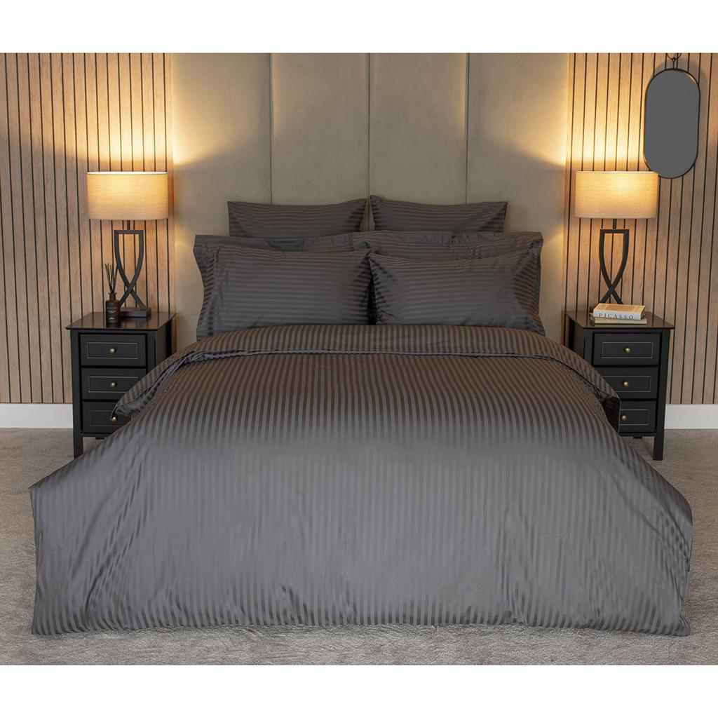 Belledorm 540 Thread Count Satin Stripe Charcoal Duvet Cover Set, 3 Sizes